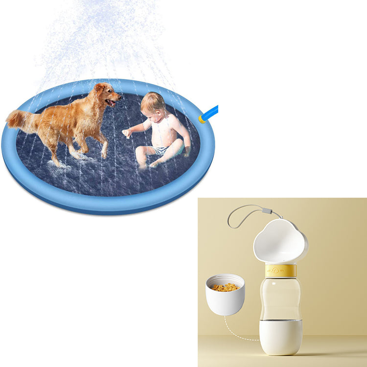 Children's water play mat with a dog and child, and a portable baby bottle feeder on a beige background.