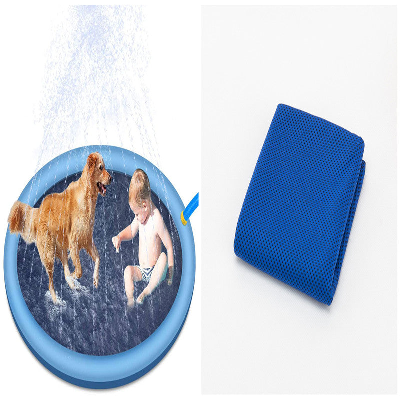 Round pool toy with dog and child design and a blue towel on a white background