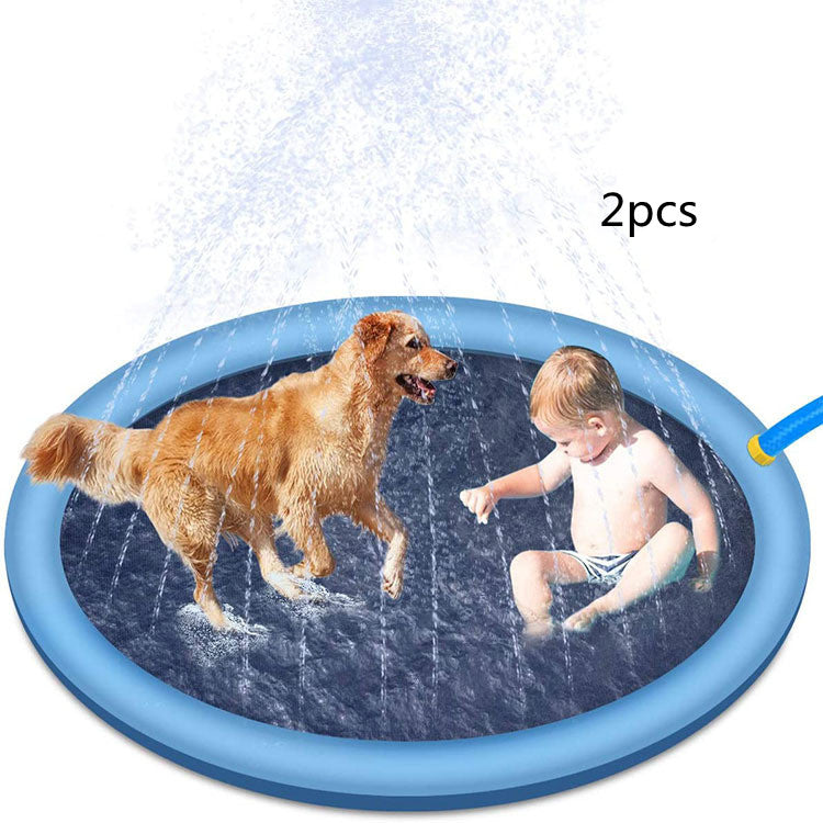 Inflatable water mat with a dog and child playing on it, labeled '2pcs'.