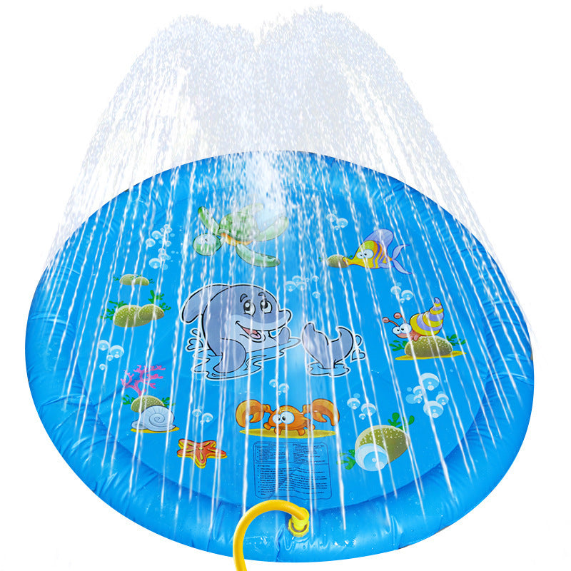 Inflatable splash pad with cartoon characters and water sprays on a white background