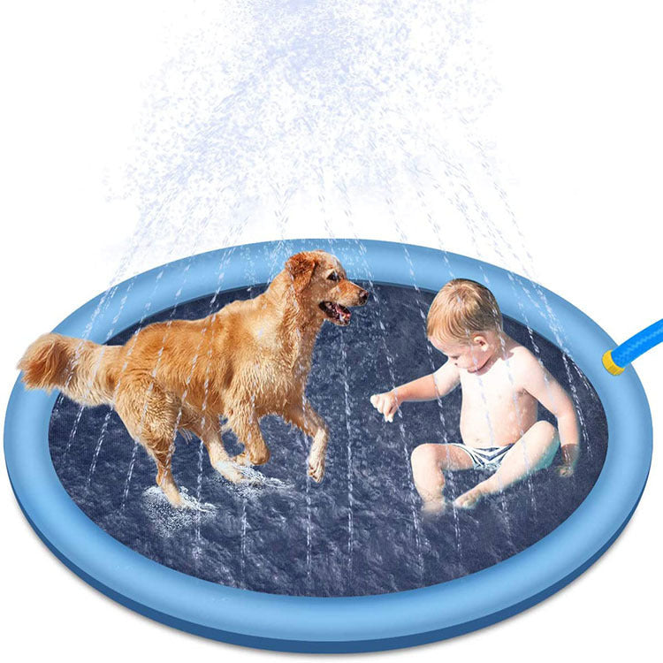 Inflatable water play mat with a dog and child playing on it.