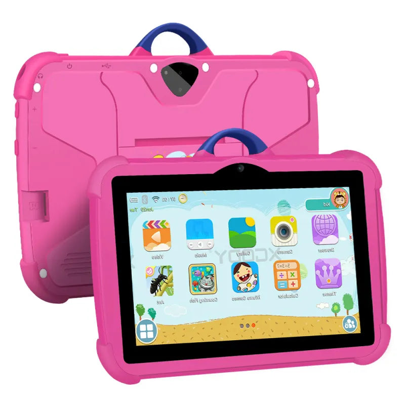 Pink children's tablet with a protective case on a white background