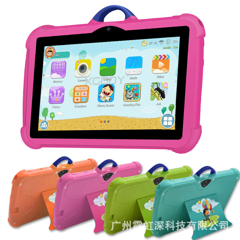 Children's tablet with colorful protective case on a white background