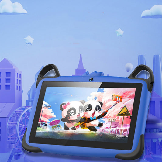 Children's tablet with panda characters on screen against a colorful cityscape background