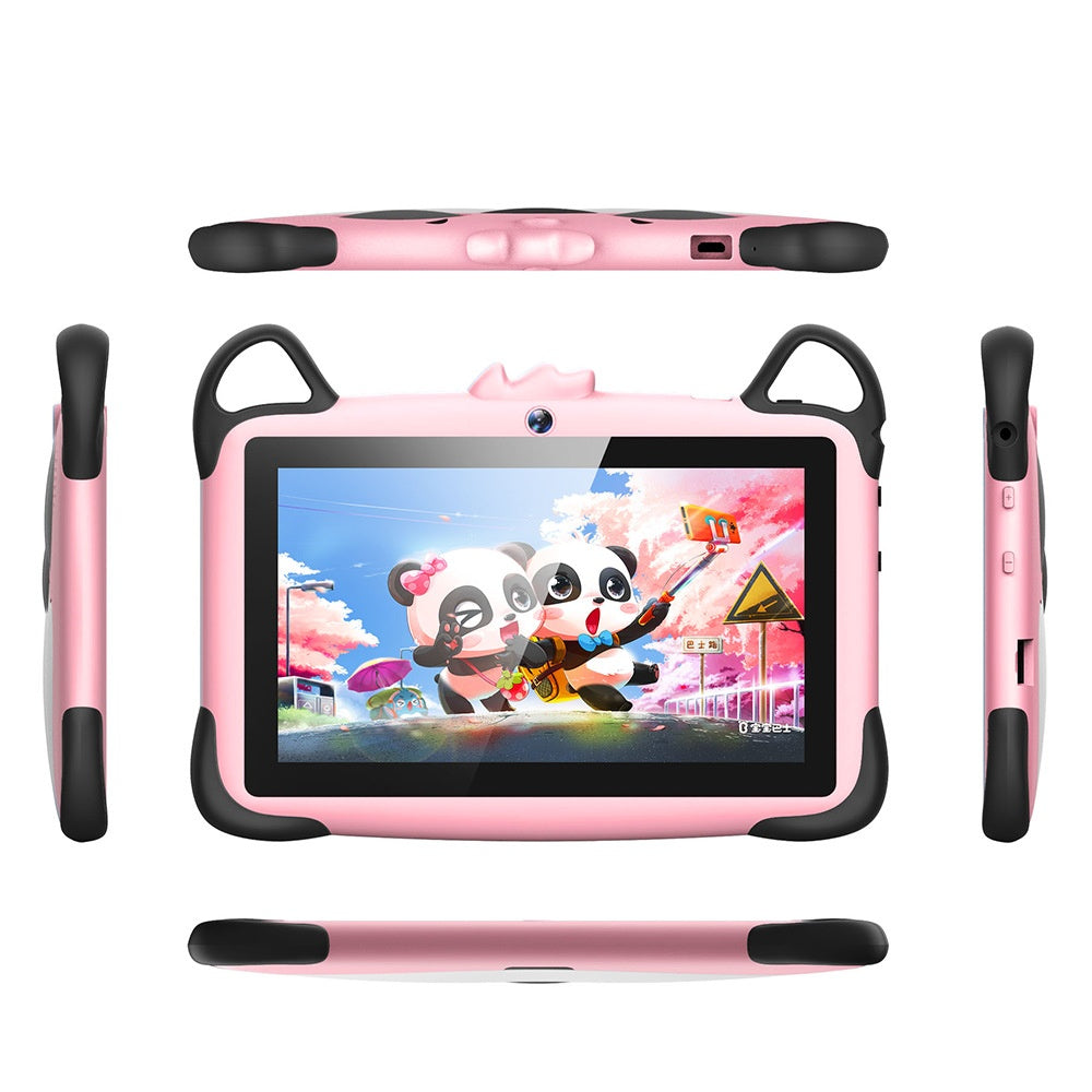 Pink children's tablet with panda design on screen, surrounded by protective case with handles.