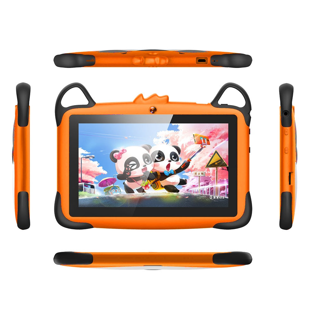 Children's tablet with orange case and cartoon panda design on screen