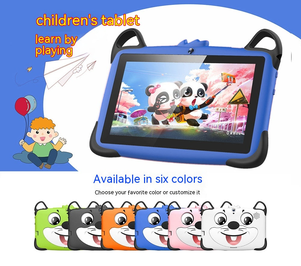 Children's tablet with colorful case featuring cartoon designs, surrounded by additional cases in various colors.