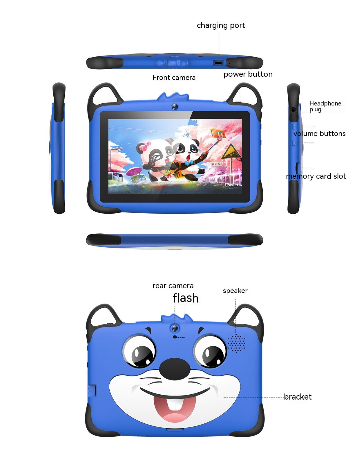Blue children's tablet with cartoon design and labeled components on a white background