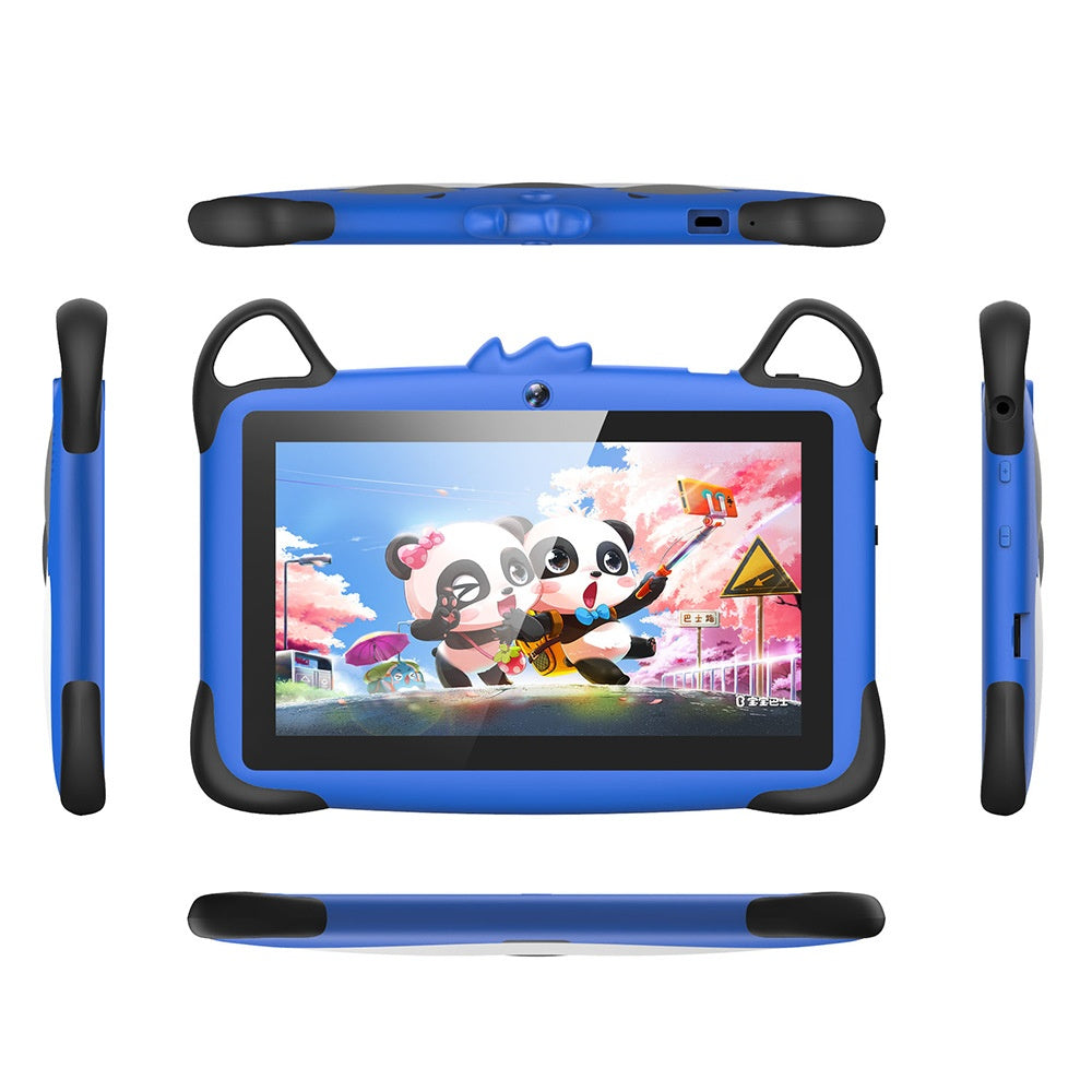 Children's tablet with blue case and panda design on screen