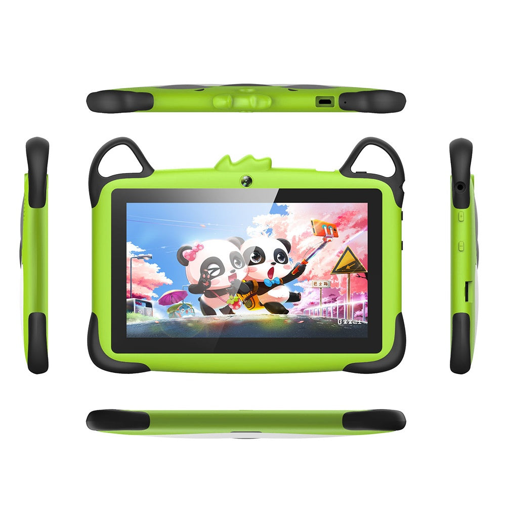 Green children's tablet with panda character on screen, surrounded by protective case on white background