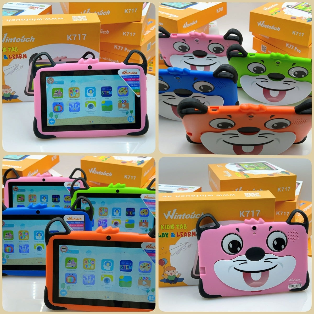 Collage of children's tablets with colorful cases and WinTouch branding.