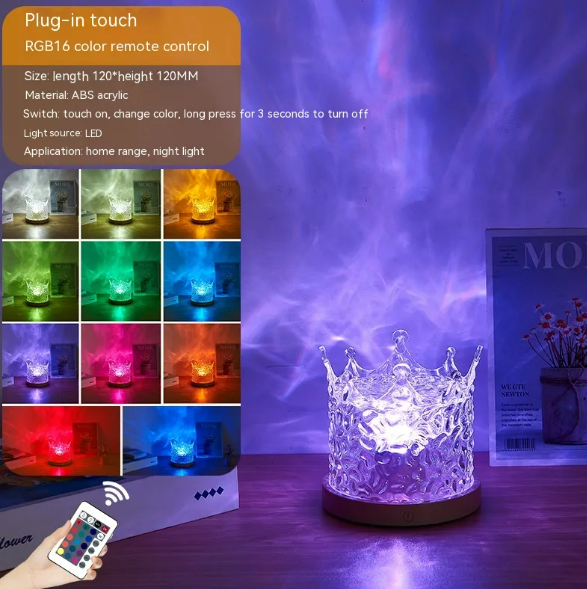 Colorful LED lamp with remote control and various color options displayed.