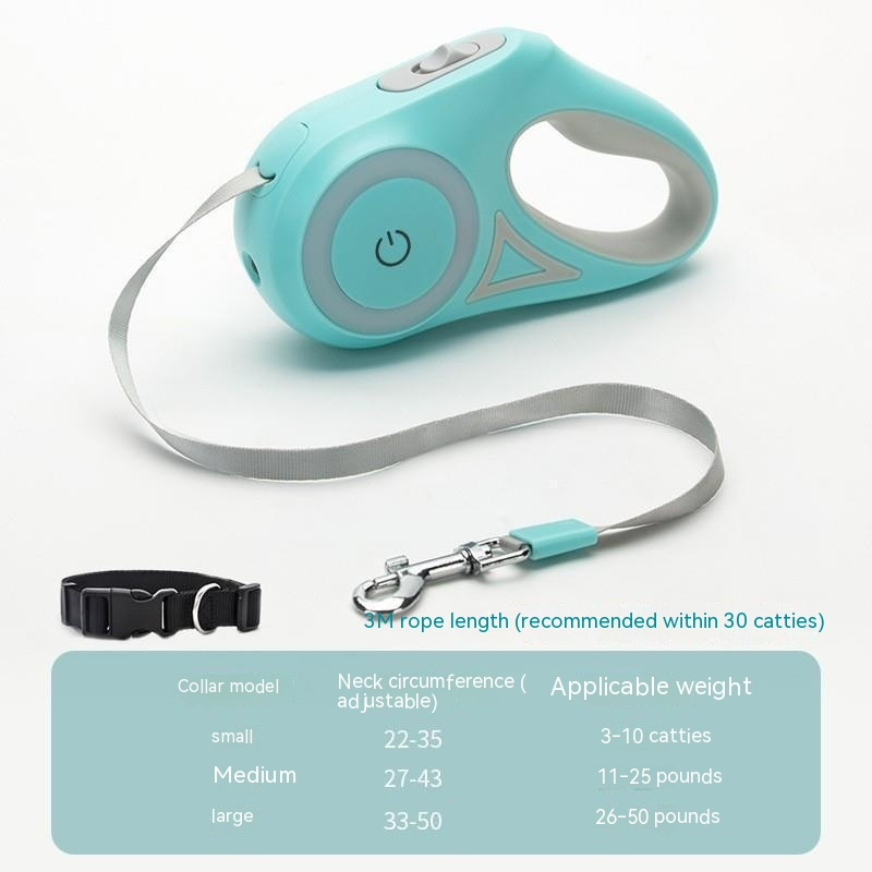 Turquoise pet leash and collar set with measurement chart on a white background