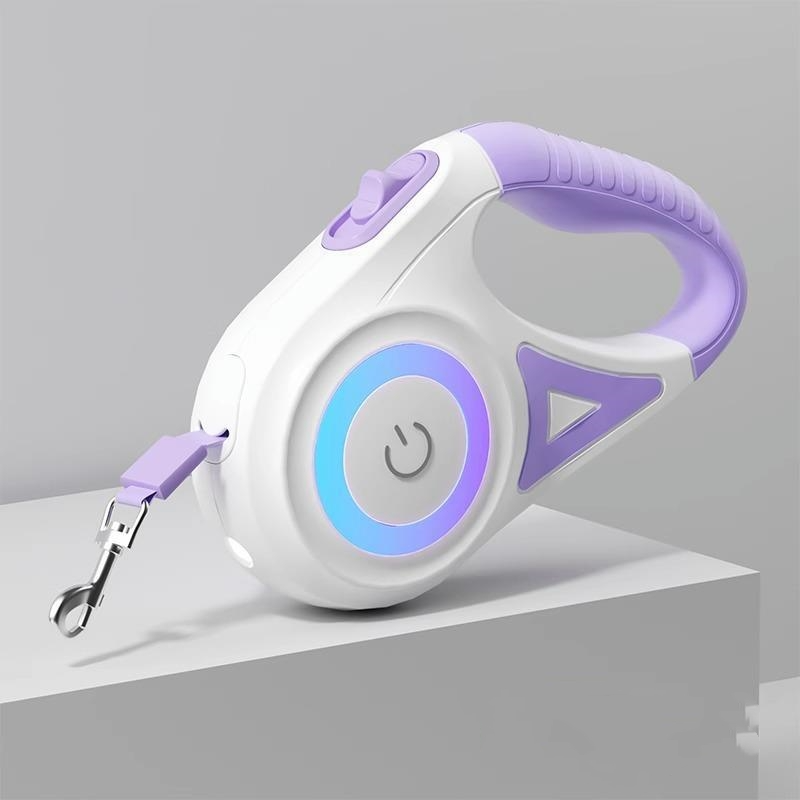 White and purple pet retractable leash on a gray background