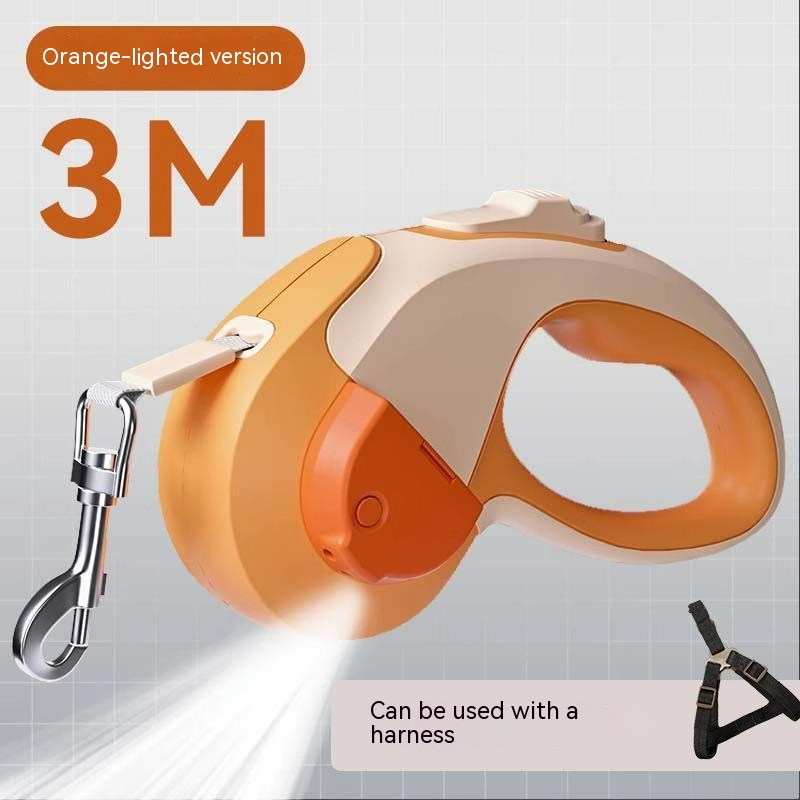 Orange and beige retractable dog leash with a light feature on a gray background
