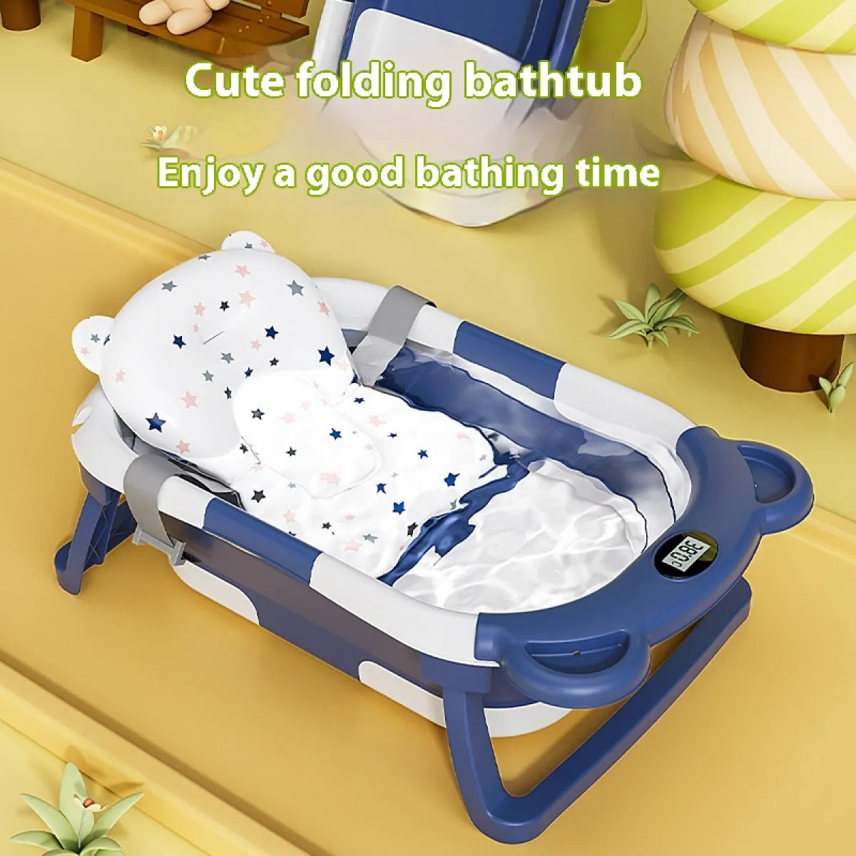 Foldable bathtub with baby in a star-patterned outfit on a yellow surface.