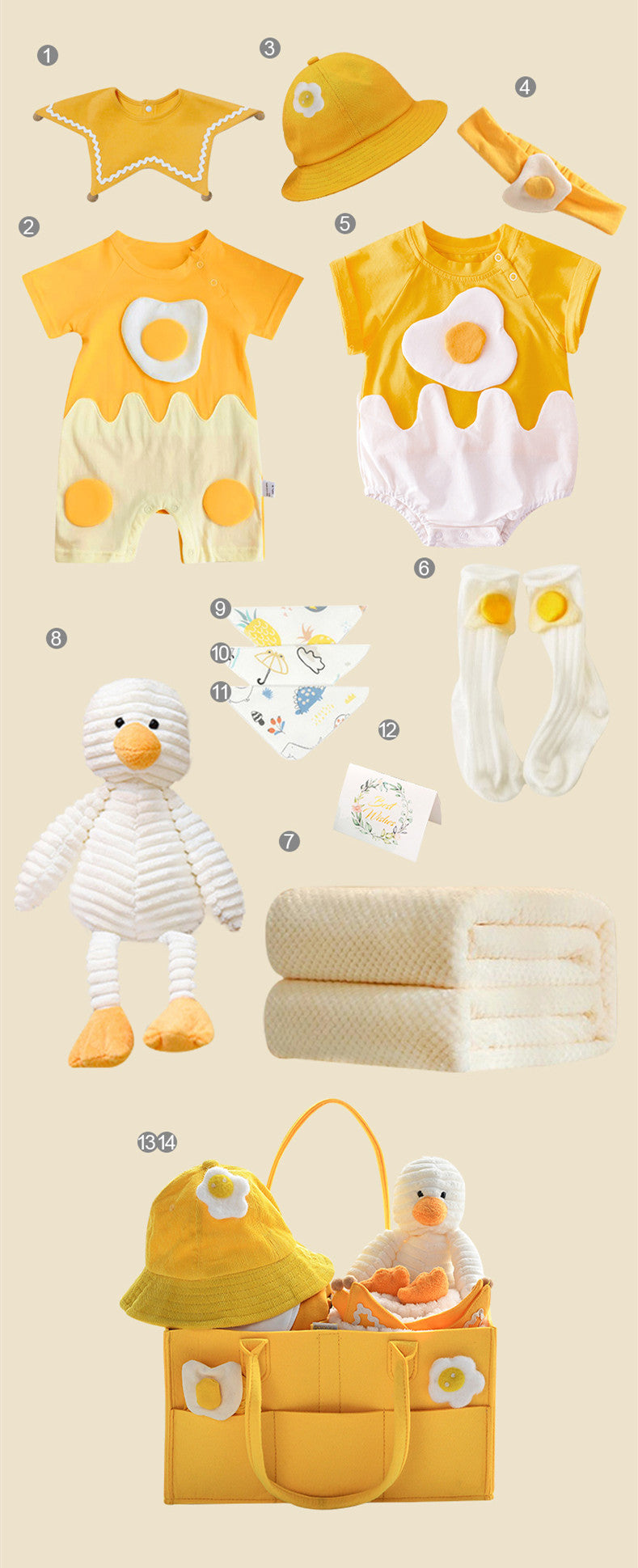 Collection of baby items including a hat, romper, bib, and toys on a beige background