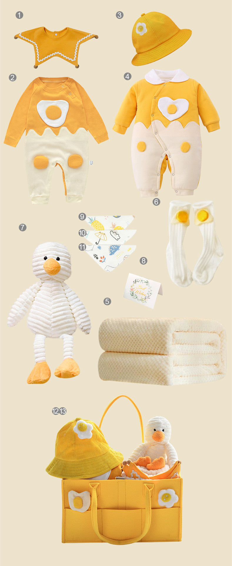 Collection of baby clothing and accessories with duck design on a beige background