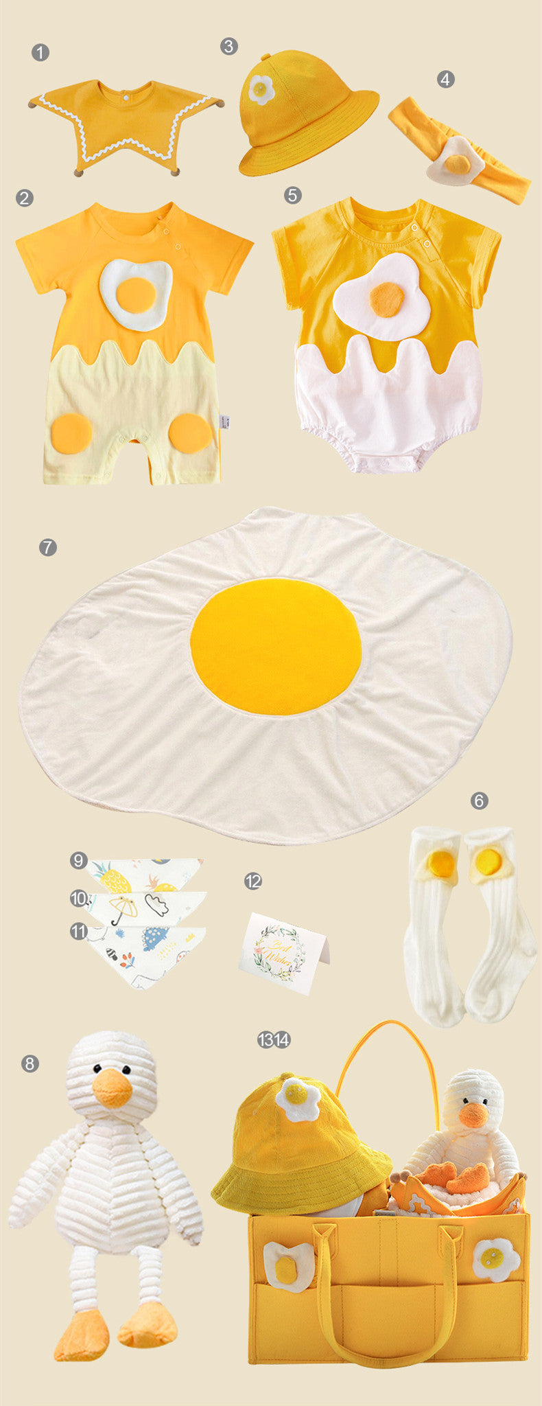 Collection of yellow and white children's clothing and accessories on a beige background