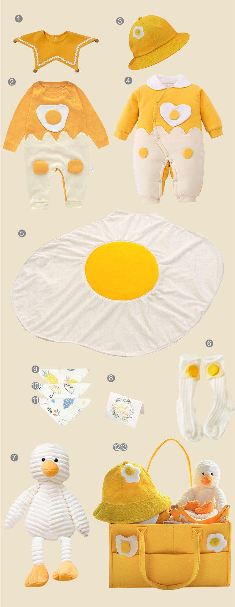 Collection of yellow-themed children's clothing and toys on a beige background