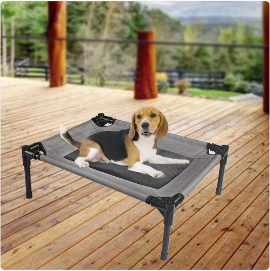 Dog lying on a gray pet cot on a wooden deck with a scenic background