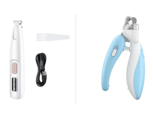 Set of pet grooming tools including a nail trimmer, clipper, and cable on a white background.