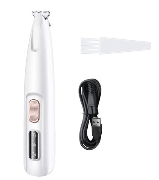 White electric shaver with charging cable on a white background
