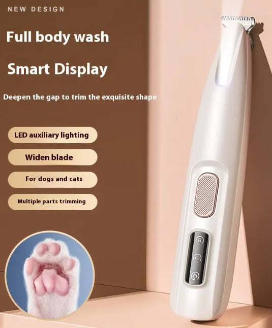 Pet grooming tool with features listed on a brown background