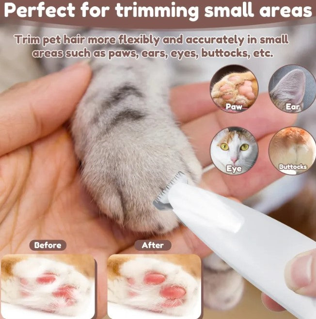 Pet grooming tool being used on a cat's paw with before and after images shown.