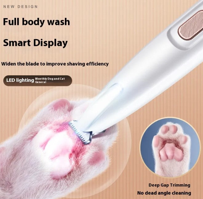 Pet grooming tool with LED lighting and smart display on a beige background