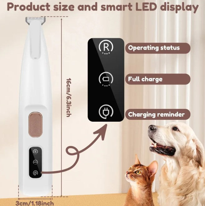 Pet grooming tool with smart LED display and measurements, featuring a dog and cat.