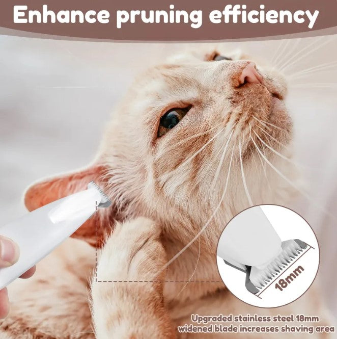 Cat being groomed with a grooming tool, emphasizing enhanced pruning efficiency.