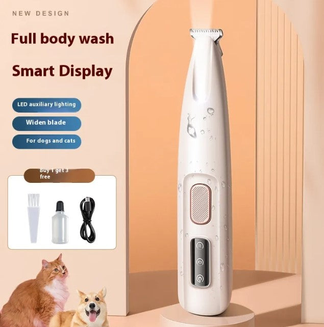 Pet grooming tool with smart display on a peach background, featuring text about features and accessories.