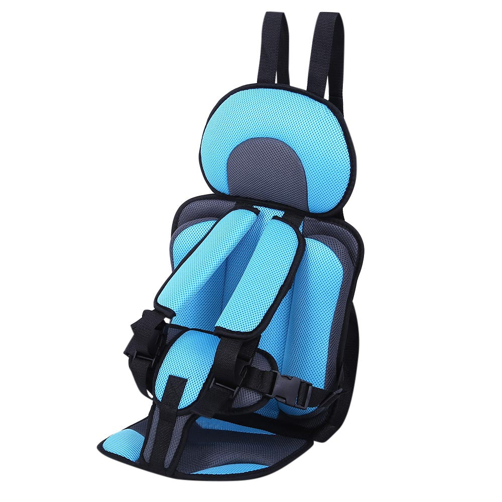 Blue and black child seat with straps on a white background