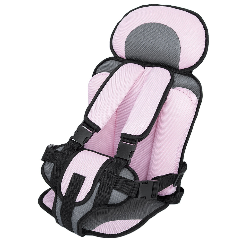 Pink and gray child safety seat on a white background