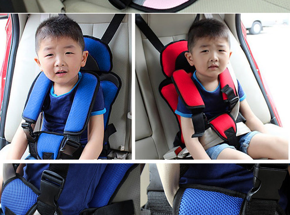 Child in a blue car seat and another child in a red and black car seat, with close-up views of the seats.