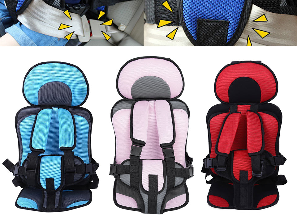 Three child safety seats in blue, pink, and red with highlighted parts on a white background.