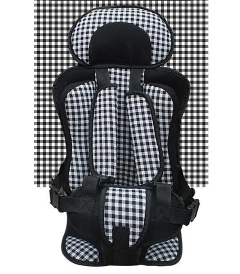 Black and white checkered child safety seat on a checkered background