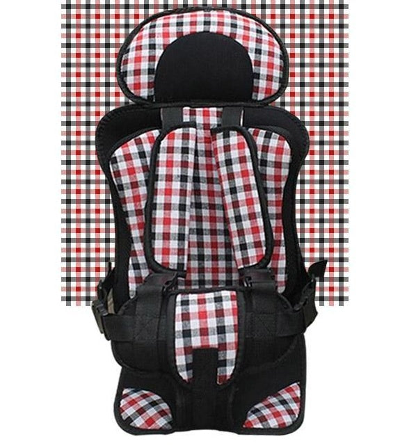 Black and red checkered baby car seat on a white background