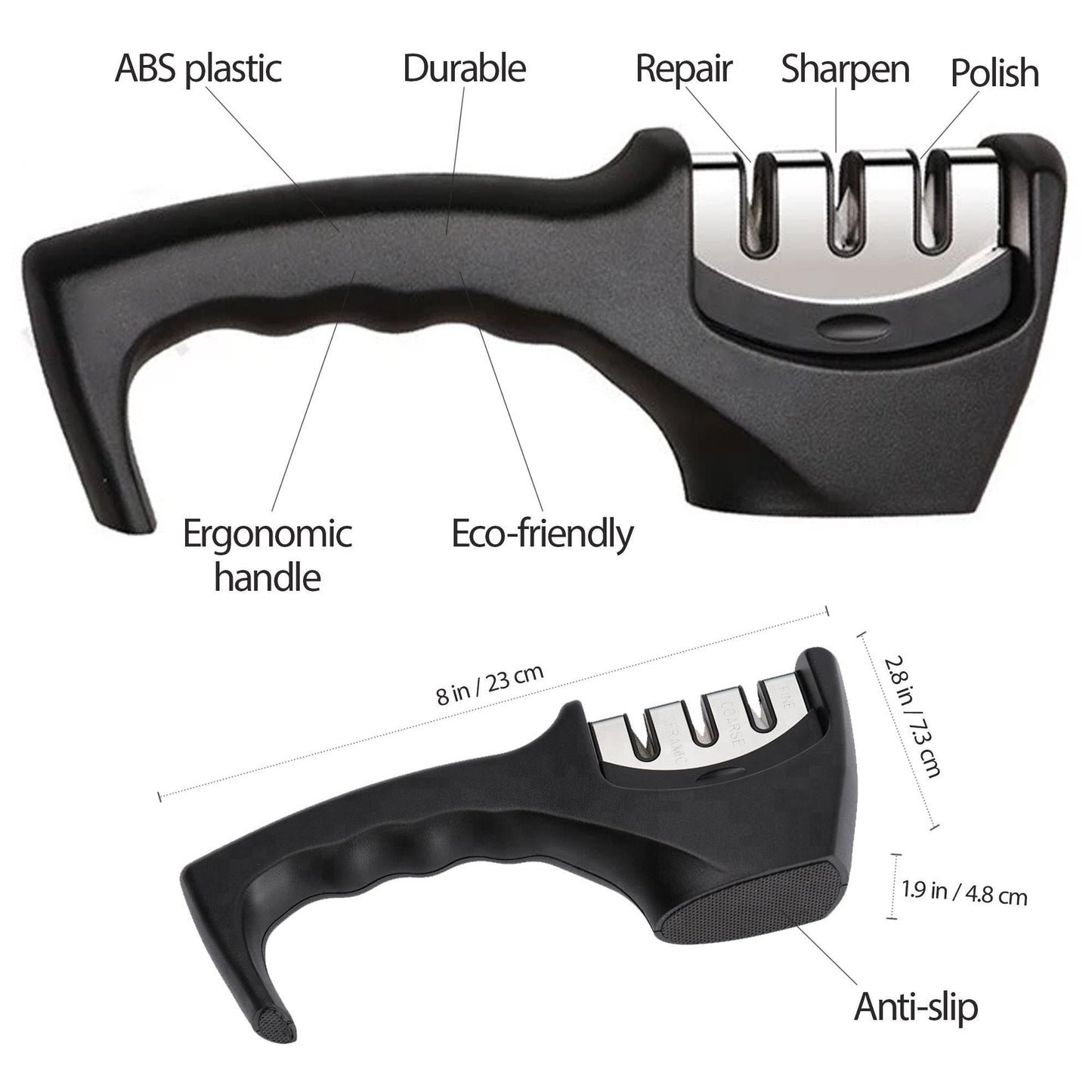 Knife sharpener with features labeled on a white background