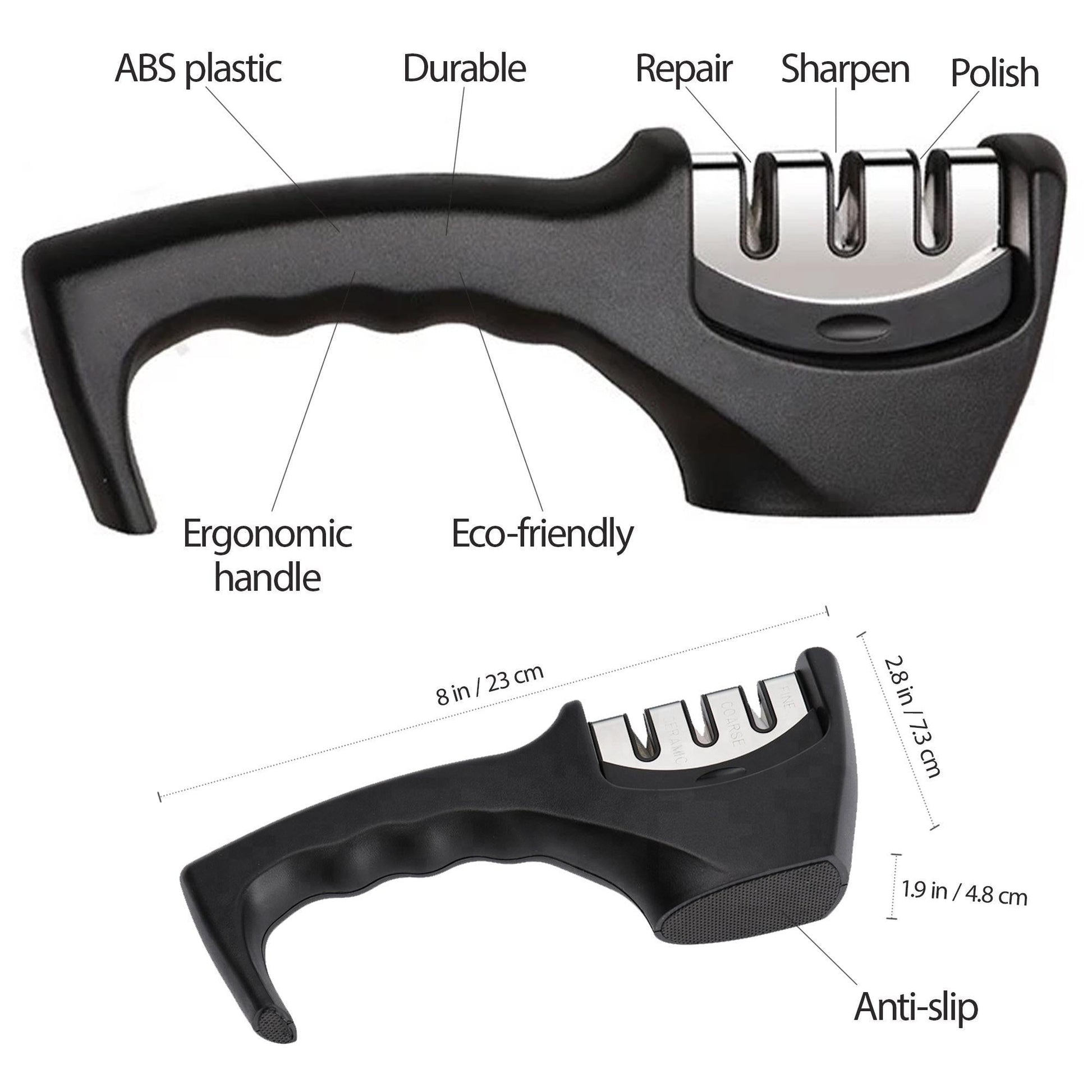 Knife sharpener with features labeled on a white background
