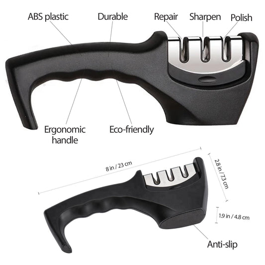 Knife sharpener with features labeled on a white background