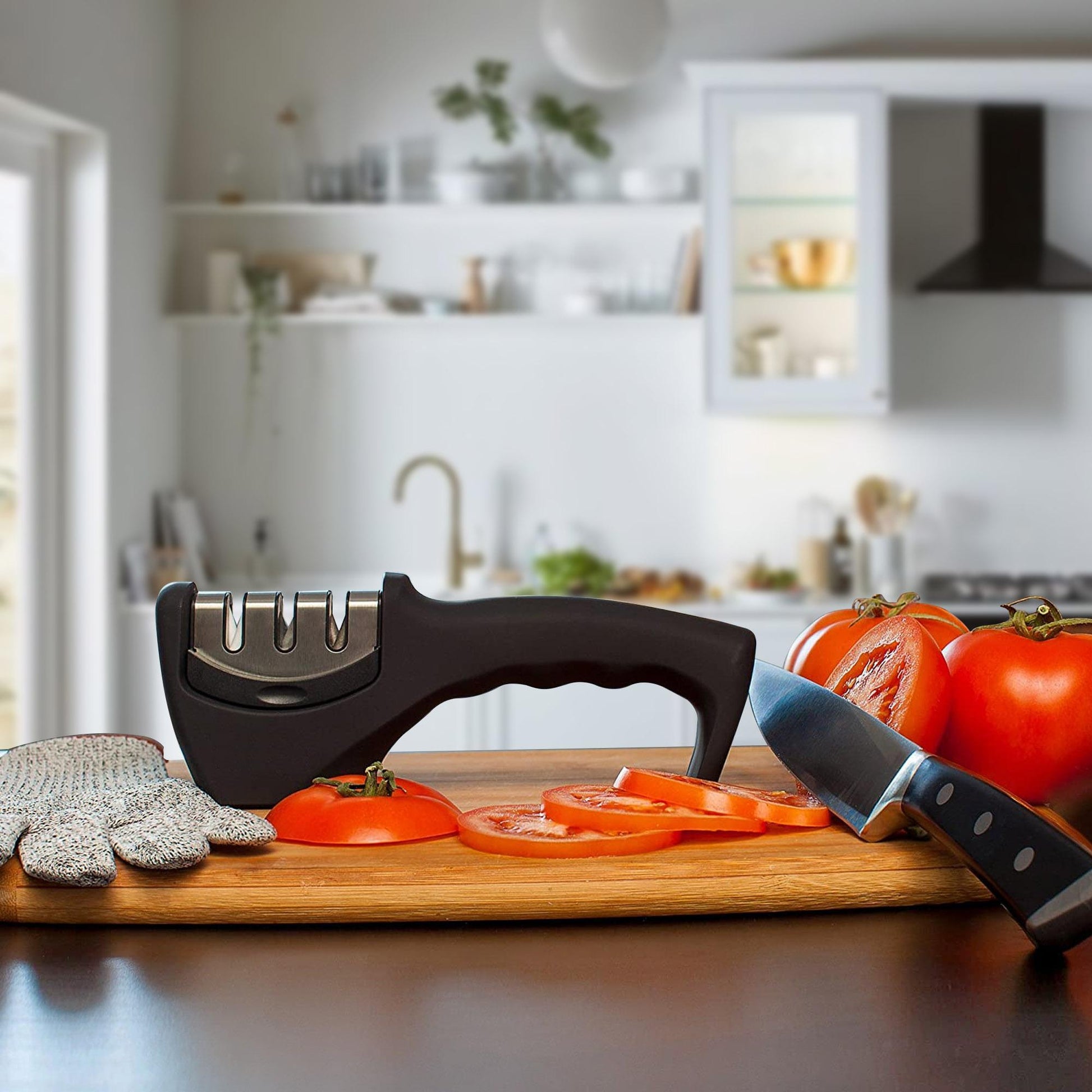 Knife sharpener on a cutting board with sliced tomatoes and a kitchen in the background