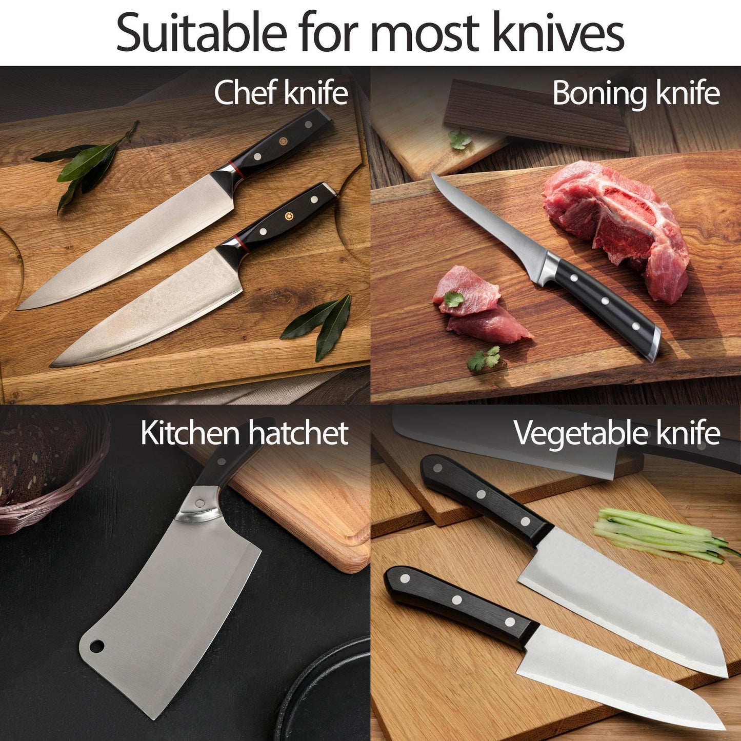 Collage of different types of knives with text indicating their names and uses.