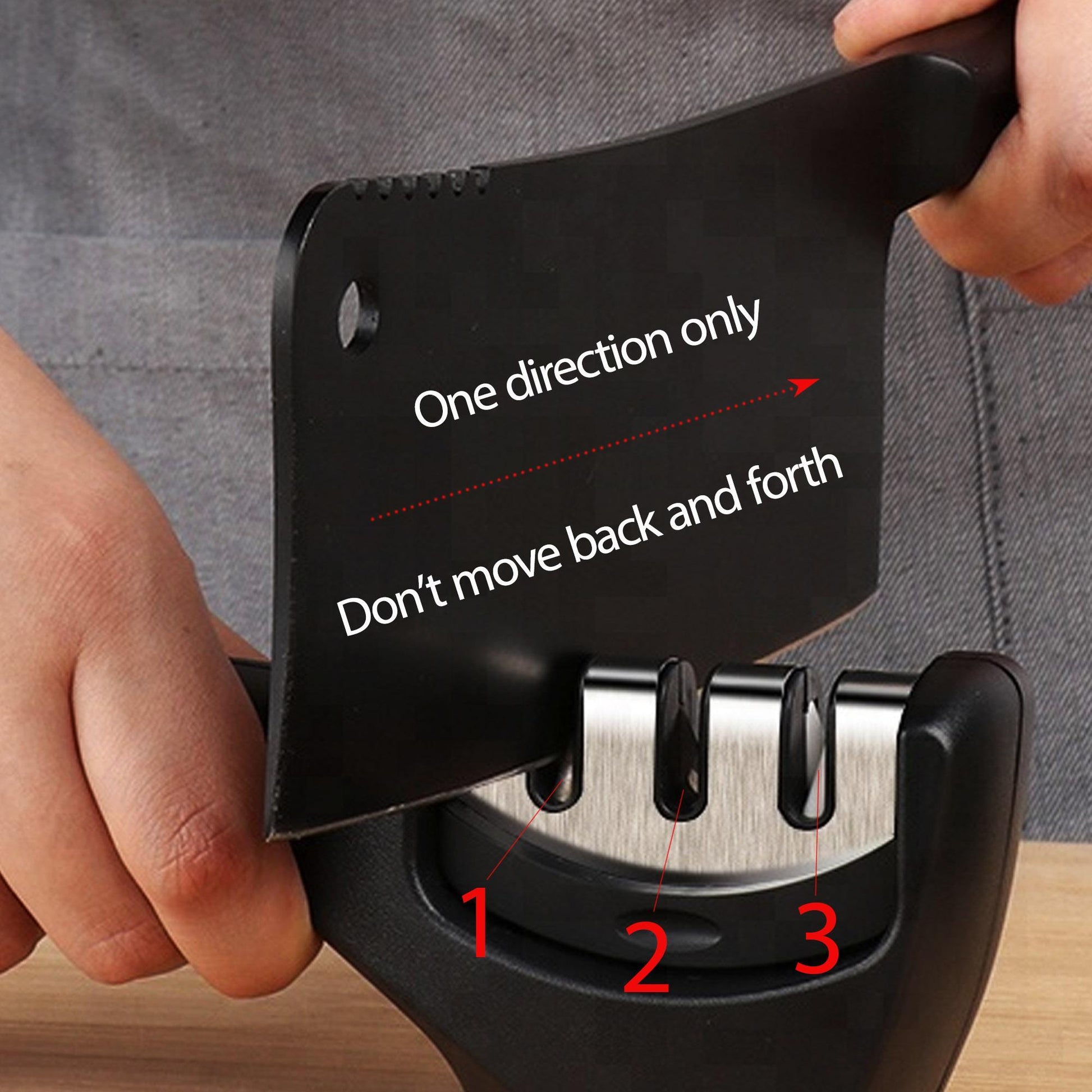 Knife sharpener with instructions on a gray background