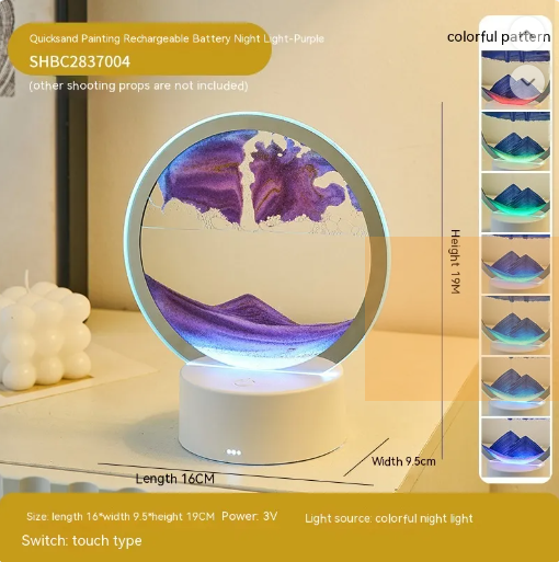 Colorful night light with mountain design on a white surface, surrounded by product details and color options.
