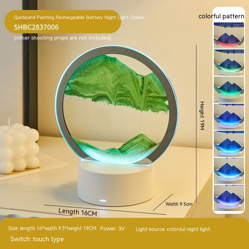 Green sand painting rechargeable battery night light with colorful pattern display on the right.