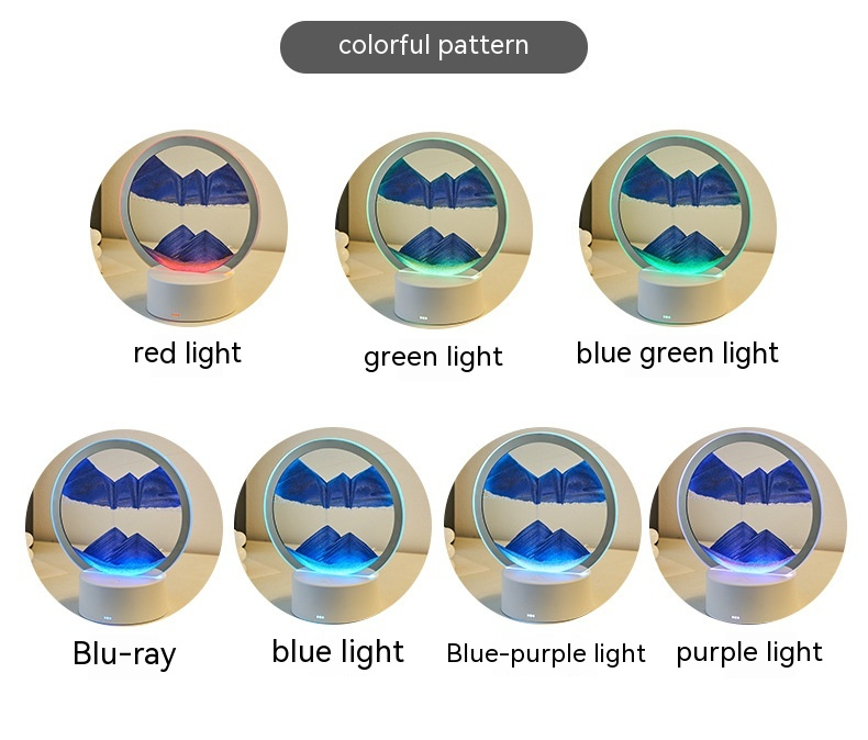 Set of circular light fixtures with colorful patterns and labels indicating different light colors.