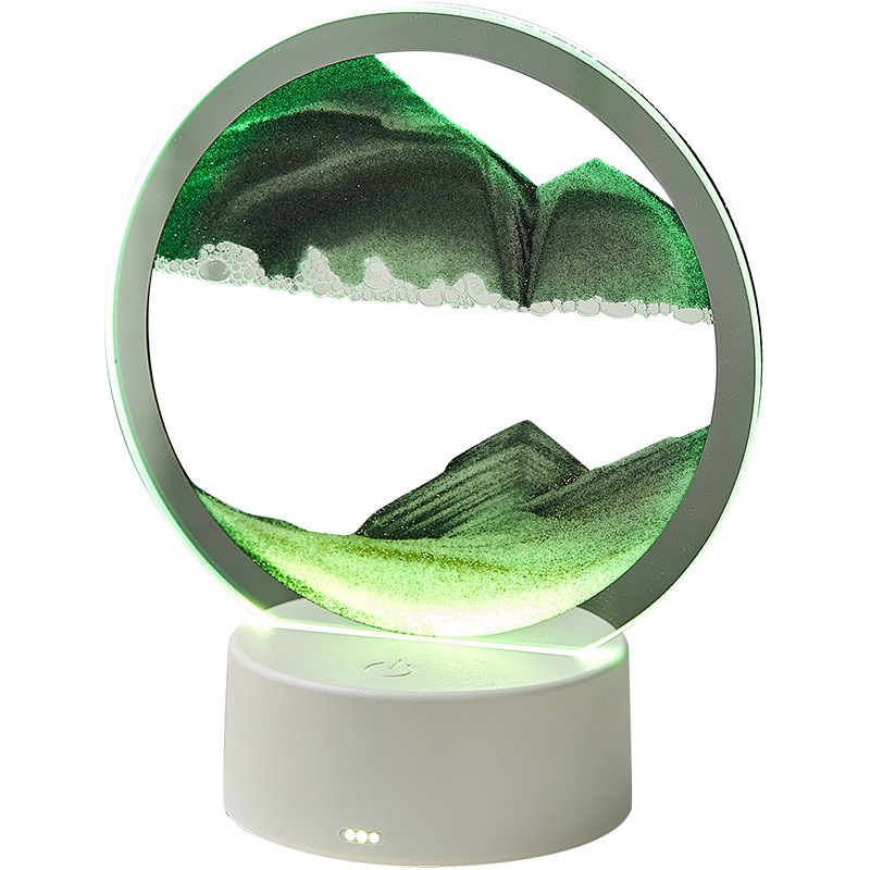 Circular LED light with mountain and beach design on a white background