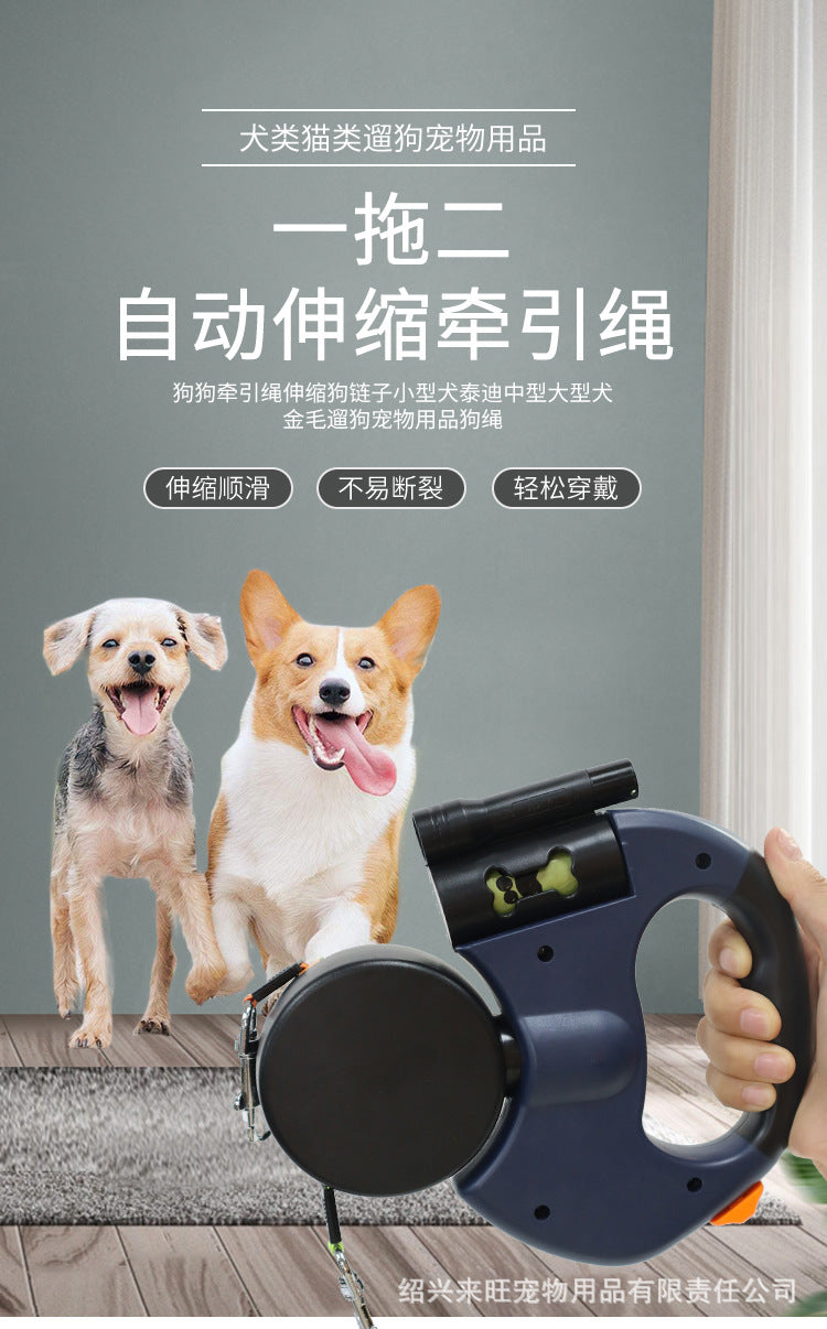 Dog leash with two dogs and a person holding it against a gray background